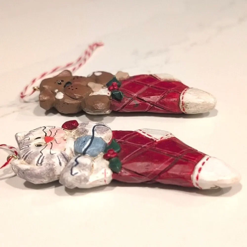 Cat and Dog Christmas Ornaments Artist Signed by Eddie Vintage Set of 2